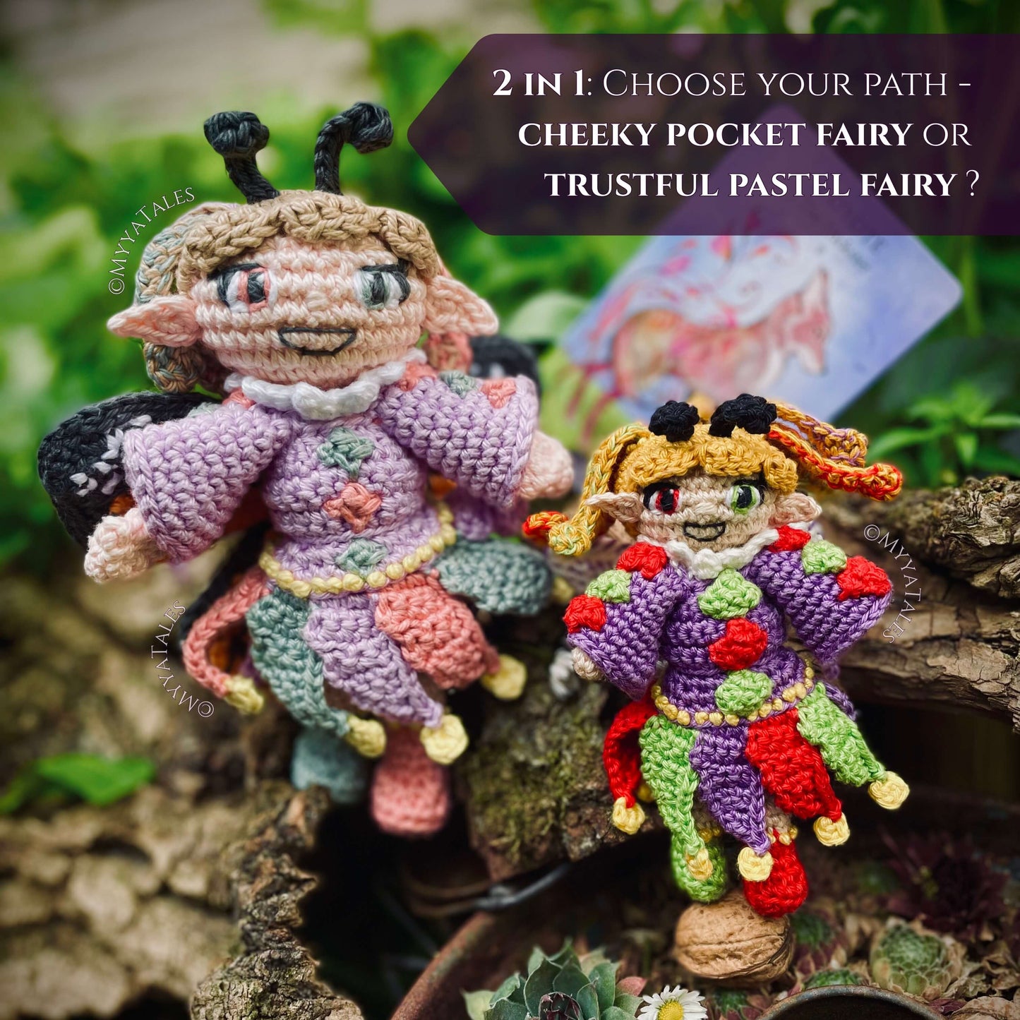 Comparison of two crochet fairy variants: Cheeky Pocket Fairy and Trustful Pastel Fairy, 2-in-1 Amigurumi pattern for different sizes.