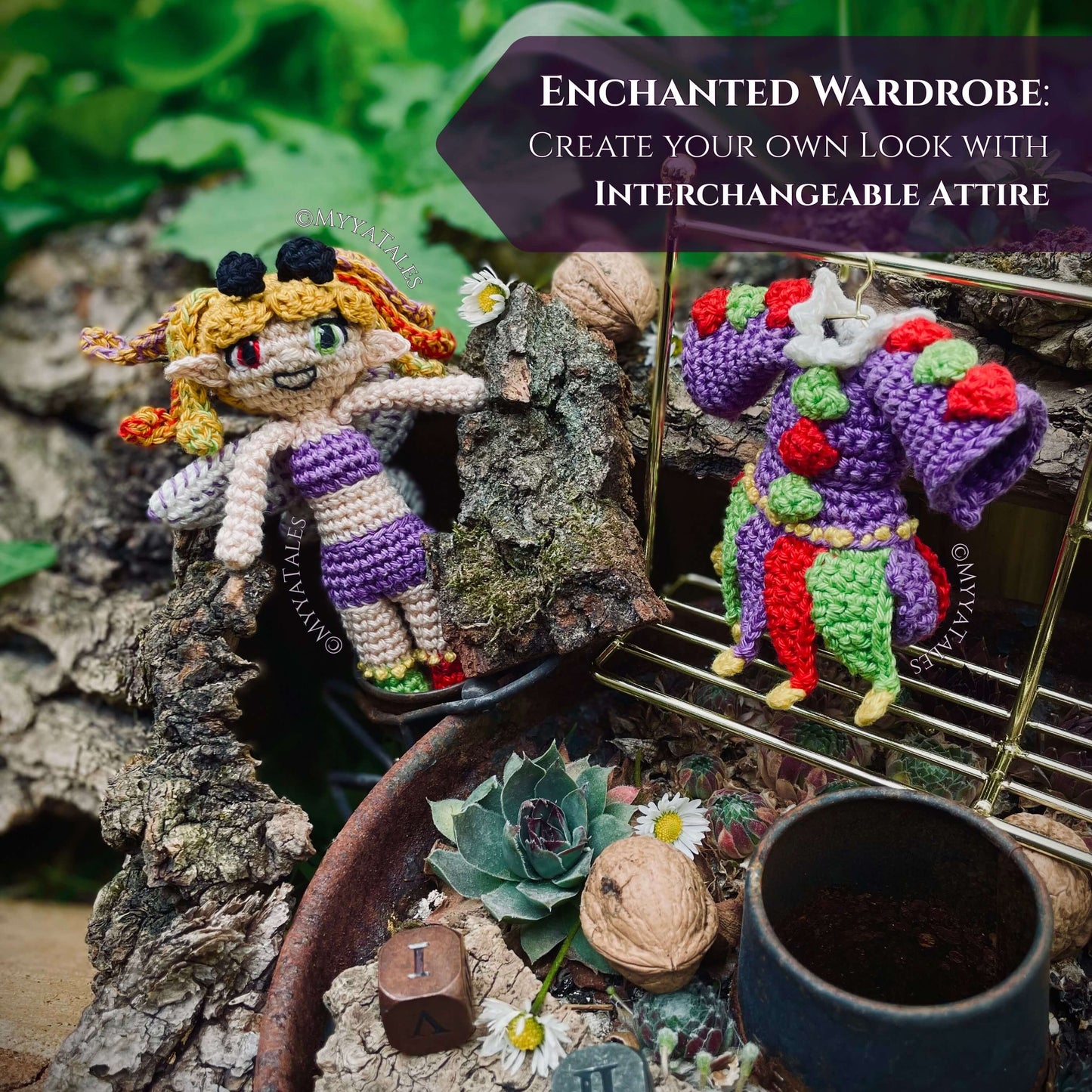 Interchangeable crochet doll clothes on a miniature wardrobe stand, Amigurumi fairy with Goblincore style removable attire, handmade doll fashion.