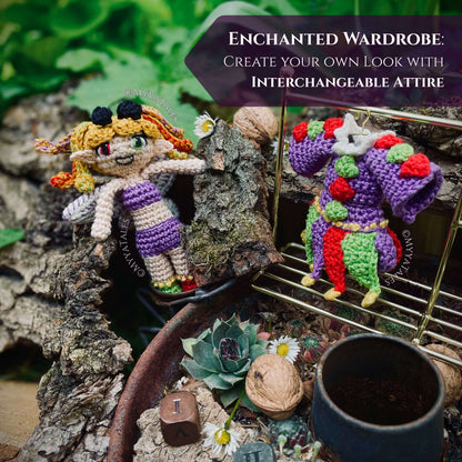Interchangeable crochet doll clothes on a miniature wardrobe stand, Amigurumi fairy with Goblincore style removable attire, handmade doll fashion.