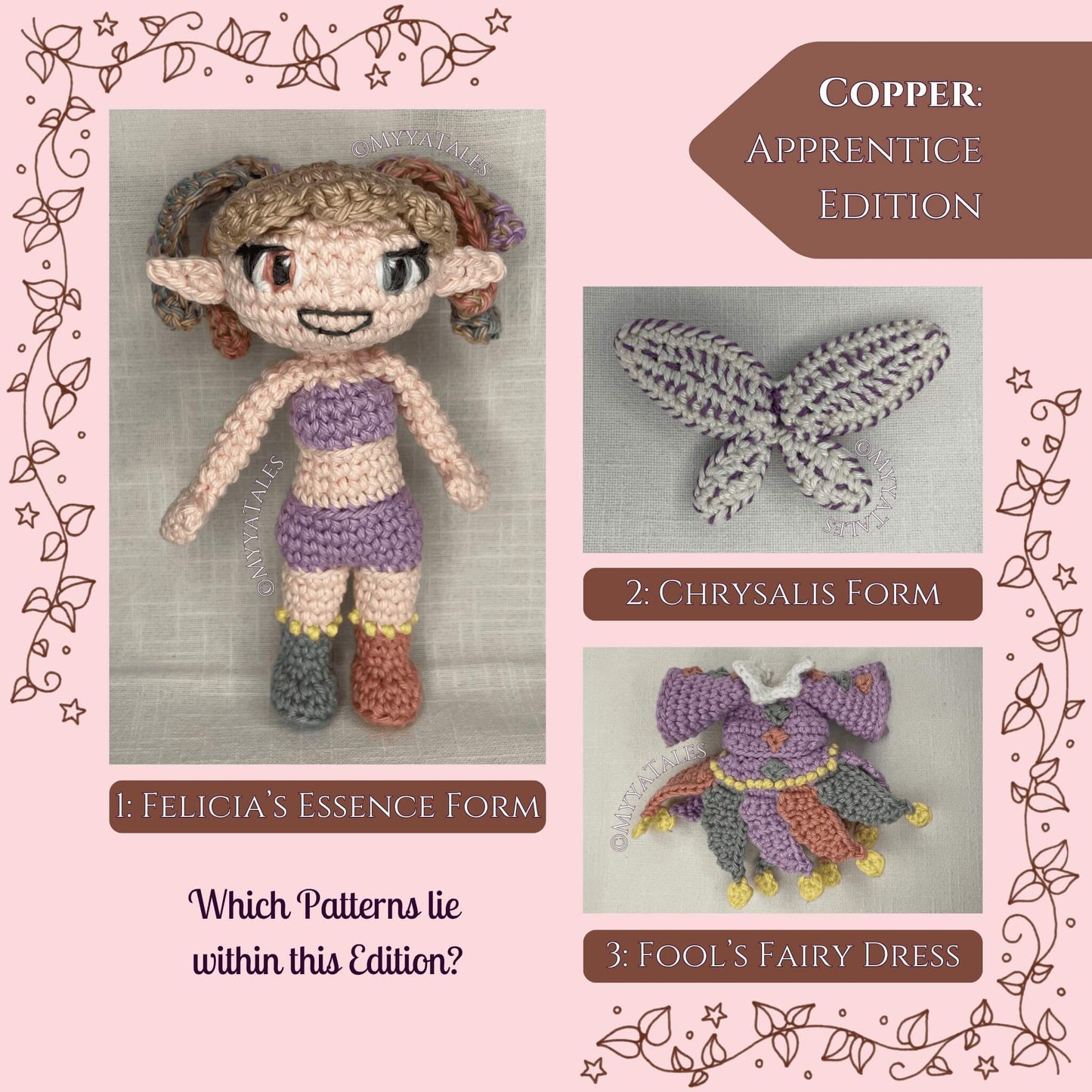 Parts of the copper crochet pattern: essence form, chrysalis wings, and fool's dress modules, fairy doll construction guide.