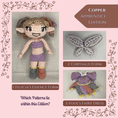 Parts of the copper crochet pattern: essence form, chrysalis wings, and fool's dress modules, fairy doll construction guide.