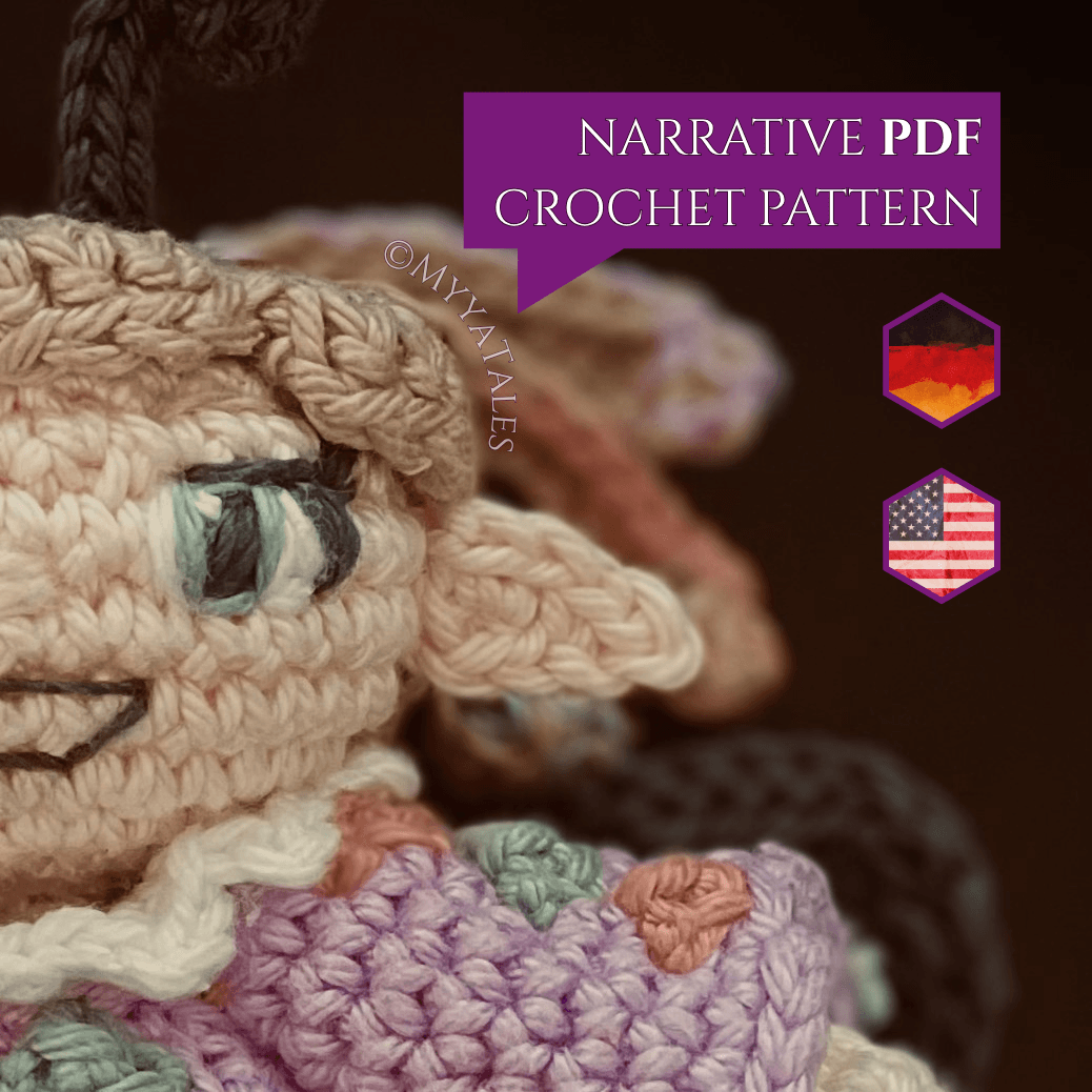 Close-up of a mystical crochet fairy with expressive eyes, Amigurumi fairy pattern, artistic Goblincore crochet doll detail.