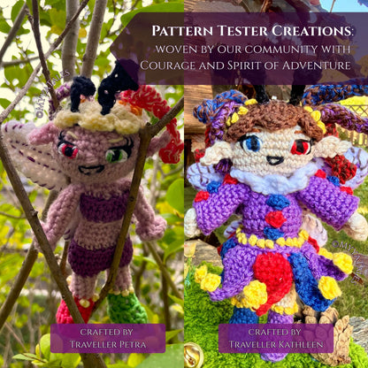 A split-screen product graphic showing two distinct versions of the Felicia fairy crochet doll, handmade by pattern testers. The left side features a fairy in deep purple tones perched on tree branches. The right side shows a vibrant variant with colorful hair in a mossy cottagecore setting. Top overlay text reads "Pattern Tester Creations: Woven by our community with courage and spirit of adventure".