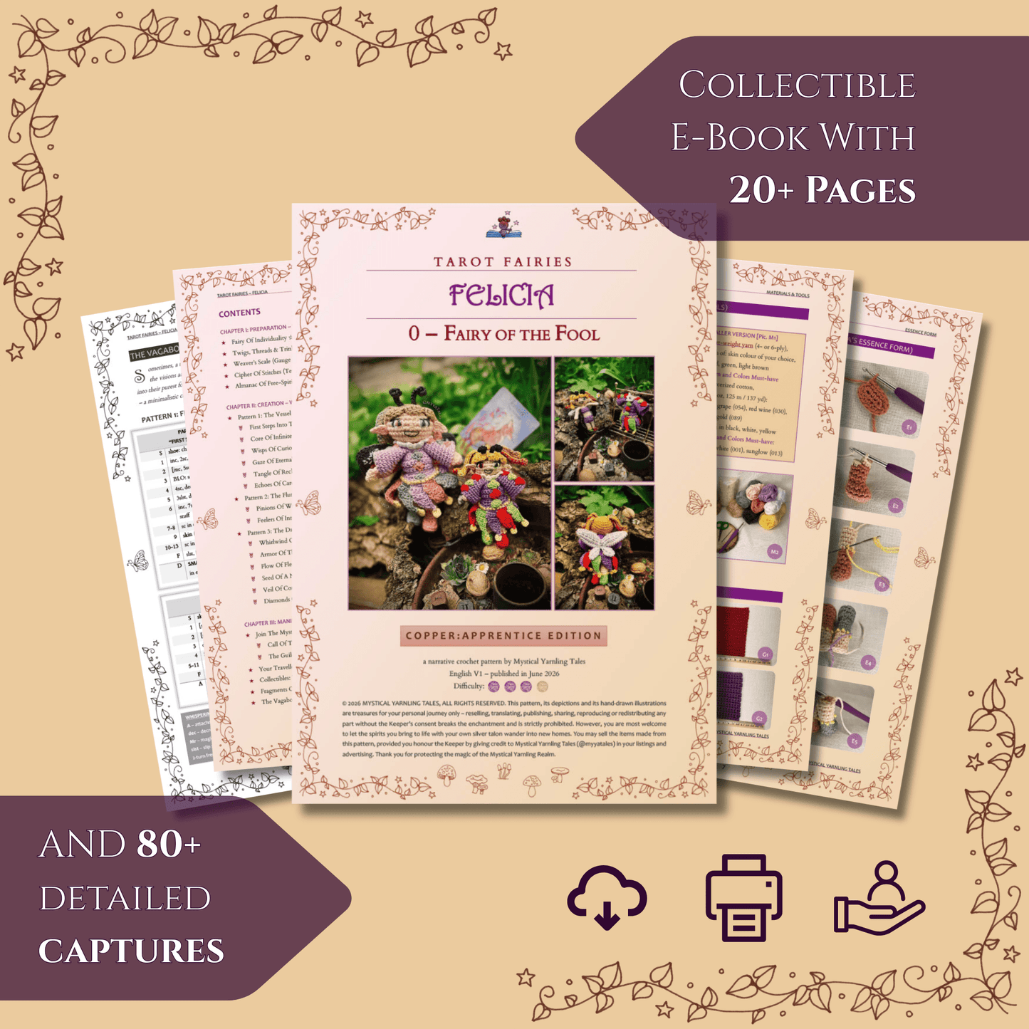 Fanned out preview of the Felicia crochet pattern PDF, collectible e-book with 20+ pages and 70+ detailed captures, including icons for instant download, print-friendly, and customer support.