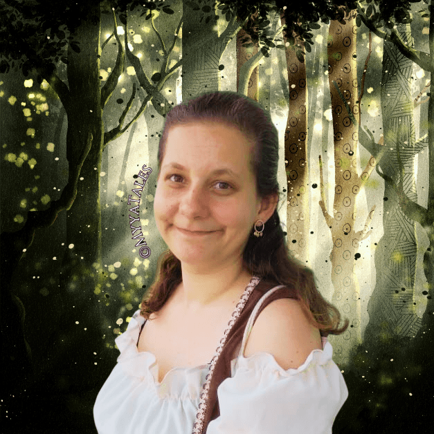 Portrait of Myya, the artist behind Mystical Yarnling Tales, in a mystical forest setting, representing magical crochet and storytelling.