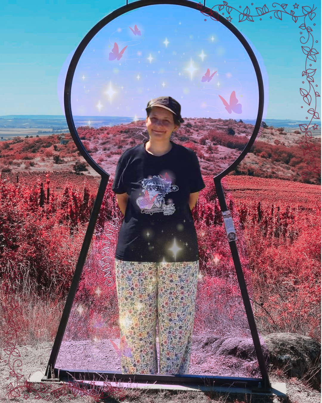 Brand founder Myya standing inside a giant mystical keyhole portal in a scenic landscape, representing the Keeper of the Thicket for MyyaTales.