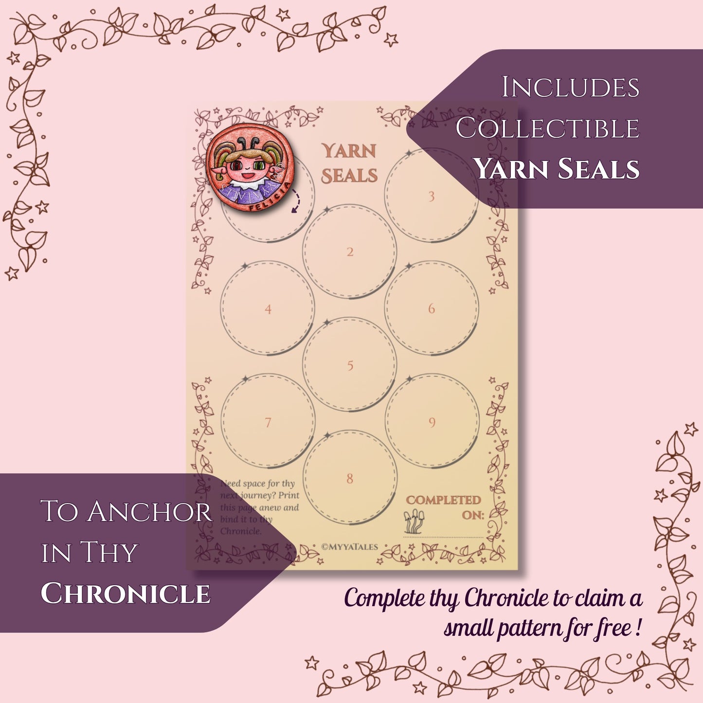 Product graphic showing the MyyaTales Chronicle pass page with empty slots for nine collectible Yarn Seals to earn a free small crochet pattern.