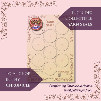 Product graphic showing the MyyaTales Chronicle pass page with empty slots for nine collectible Yarn Seals to earn a free small crochet pattern.