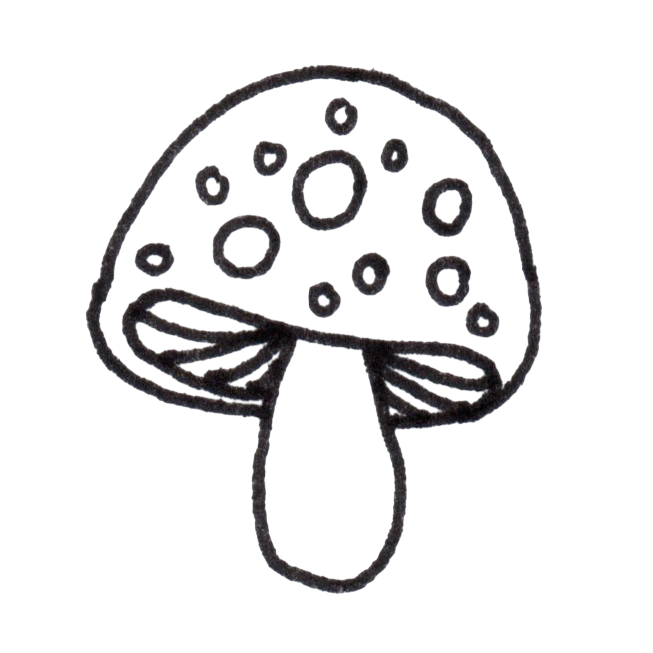 Line art icon of a classic fairytale toadstool mushroom with dots on the cap by MyyaTales.