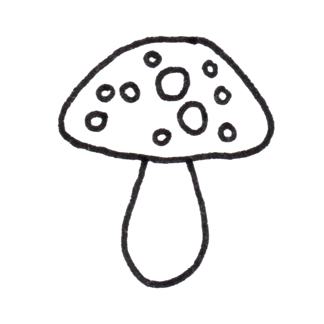 Line art icon of a small, chubby fairytale toadstool mushroom with dots on the cap by MyyaTales.