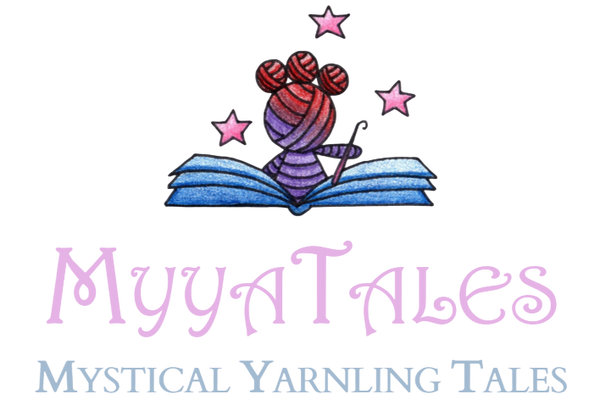 Logo of MyyaTales Mystical Yarnling Tales featuring a red and purple Yarnling made of yarn skeins with silver talon in hand, an open blue book, and whimsical pink stars.