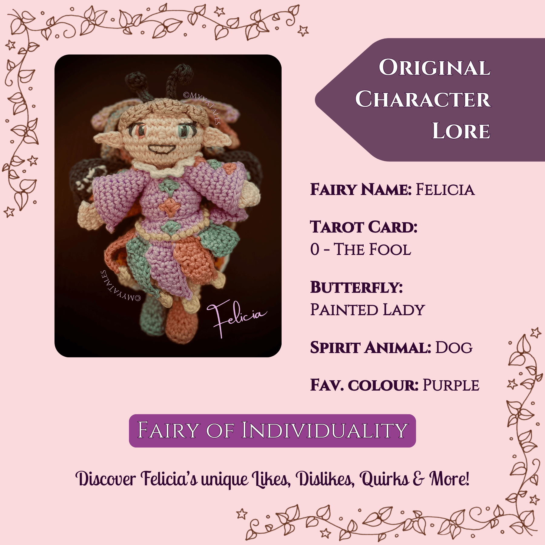 Fairy character lore sheet for Felicia, narrative crochet pattern with story elements, mystical Amigurumi biography including tarot affiliation and personality traits.