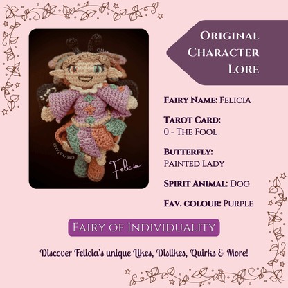 Fairy character lore sheet for Felicia, narrative crochet pattern with story elements, mystical Amigurumi biography including tarot affiliation and personality traits.